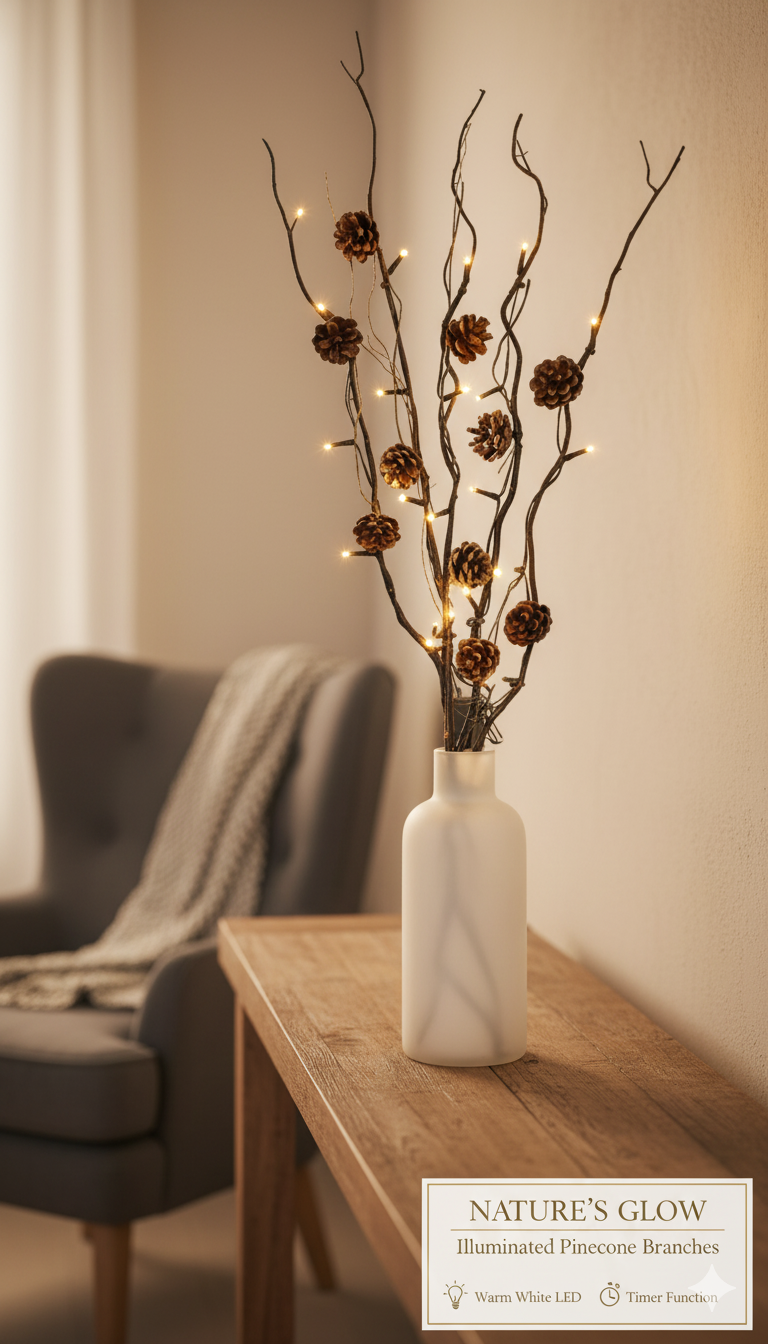 LED-Zweige "Zapfen" Dekoration echten Natur-Zapfen 5er-Set je ca. 75 cm - Neu